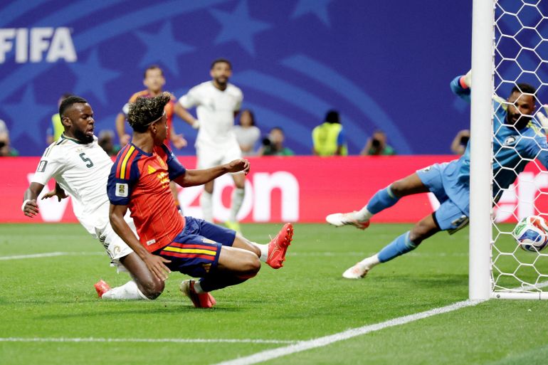 Lamine Yamal mencetak gol pertama Spanyol atas Arab Saudi pada laga Grup H Piala Dunia 2026 di Atlanta Stadium, 21 Juni 2026. (Foto: Claudia Greco/Reuters)