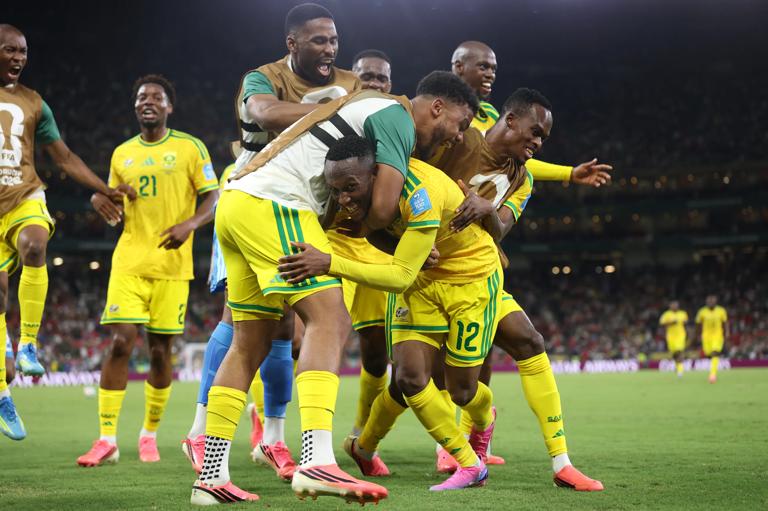 Thapelo Maseko merayakan gol Afrika Selatan ke gawang Korea Selatan pada laga Grup A Piala Dunia 2026.