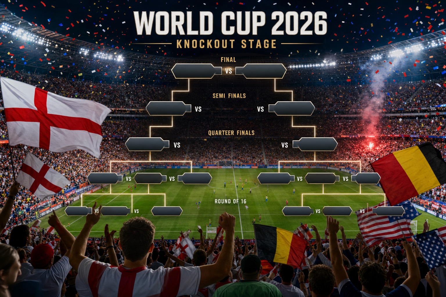 Ilustrasi stadion Piala Dunia 2026 dengan bendera Inggris, Belgia dan AS