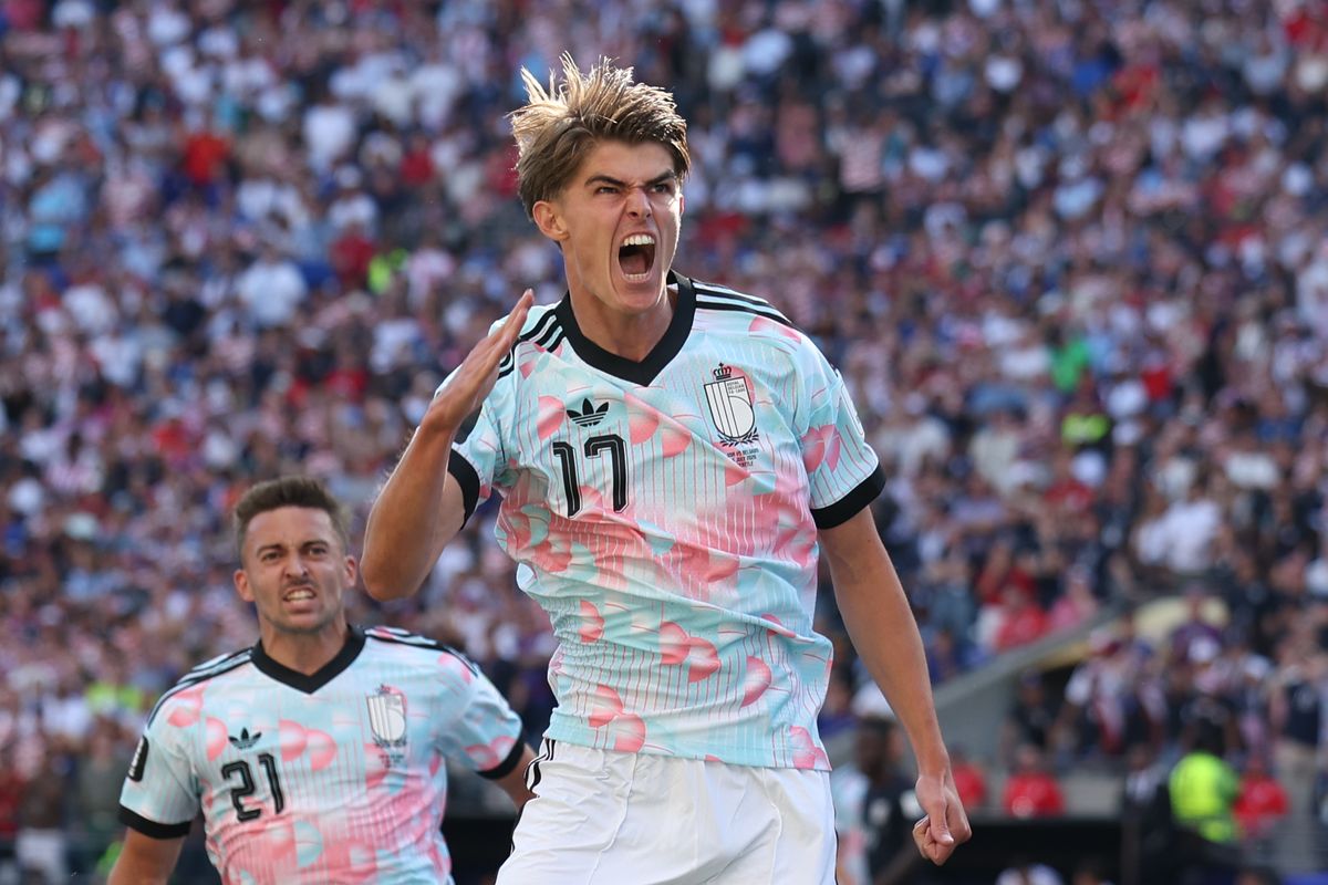 Charles De Ketelaere merayakan gol pembuka Belgia ke gawang AS di babak 16 besar Piala Dunia 2026, Seattle, 6 Juli 2026